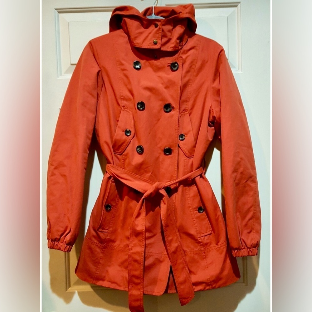 JNY Burnt Orange Double Breasted Self-tie Trench Coat w/Detachable Hood